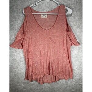 Pen Paper Cold Shoulder Knit Pink Striped Top Women’s Size Large Semi Sheer